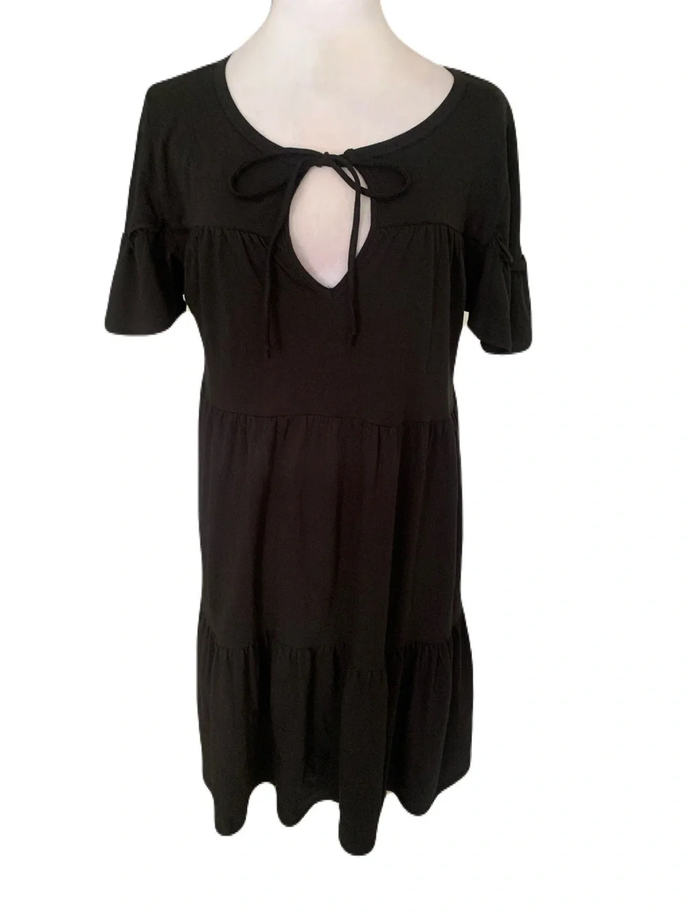 NWT J. Crew Small Black Tiered Mini Dress with Tie-Front Keyhole Casual Classic